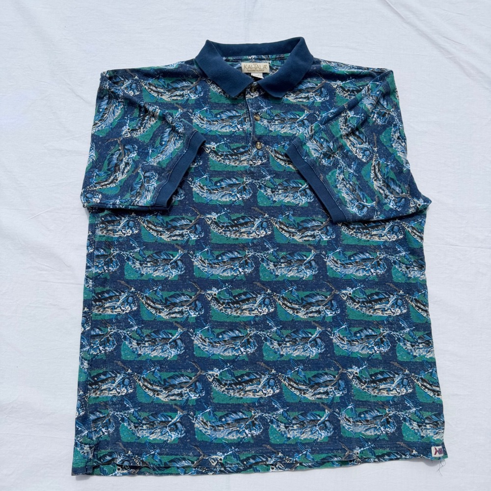 Vintage Kahala Hawaiian Polo Shirt Mens Large Blue Marlin Cafe AOP Cotton Fish